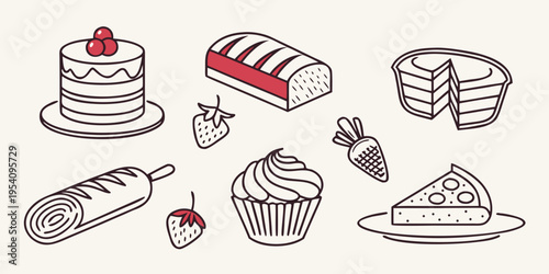 Black and white line of desserts and baked goods cake pastry bakery sweets