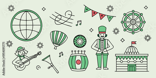 Colorful carnival and festival globe hot air balloon music notes