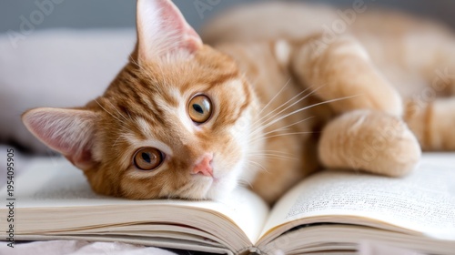 cat lying on an open book the owner is trying to read, funny pet behavior, interrupting hobbies, playful, cozy home life