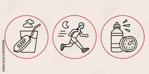 Healthy lifestyle with sleep, running, and hydration symbols line sleep wellness