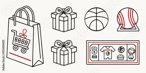 Shopping with gifts and sports equipment shopping bag gift box basketball baseball