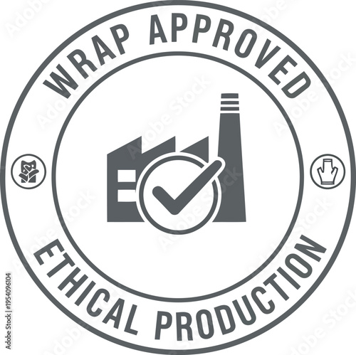 Wrap approved ethical production stamp emblem with factory and check mark and industry icons representing manufacturing and compliance