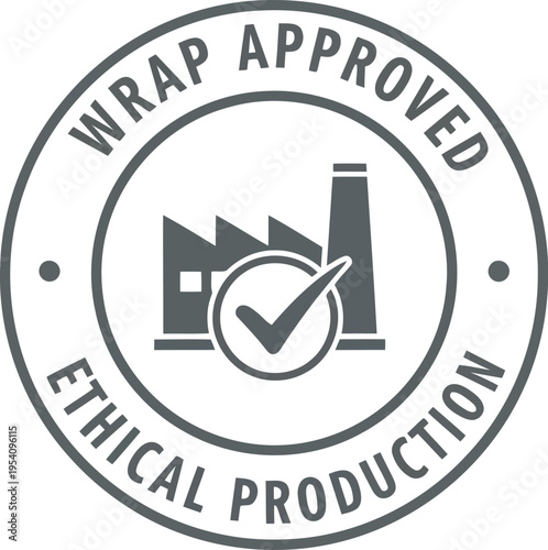Wrap approved ethical production stamp emblem with factory and check mark representing responsible manufacturing and social compliance standards