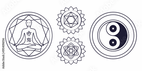 Spiritual and meditation symbols yoga chakras yin yang