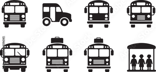 Black and white icons showing front views of various buses and a bus stop with waiting passengers
