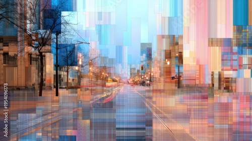 City street landscape melting into code and pixels. Glitch art aesthetic. Broken reality.