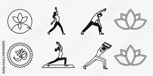 Yoga and meditation with lotus flower and om symbol line lotus flower people