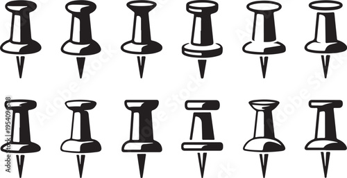 Collection of black and white pushpins and thumbtacks for office and school use