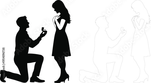 Marriage Proposal Silhouette Man Proposing Woman Engagement Romantic Couple Love Wedding Proposal Vector Illustration