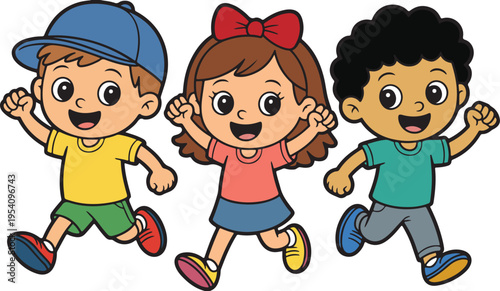 Three cheerful cartoon children including boys and a girl happily running and playing together