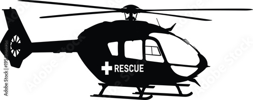 Rescue helicopter silhouette with medical cross symbol side view vector illustration for emergency services air ambulance and search rescue operations
