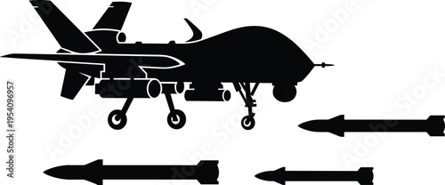 Military drone UAV silhouette with missiles set side view vector illustration for defense surveillance combat technology and unmanned aerial vehicle design