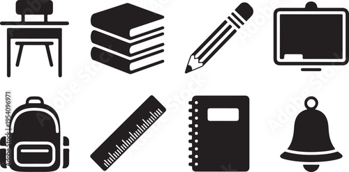 An assortment of solid black icons illustrating essential school and classroom items