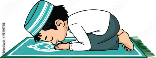 Cute Muslim boy character praying on a prayer mat in prostration position for Islamic education and religious celebration designs.
