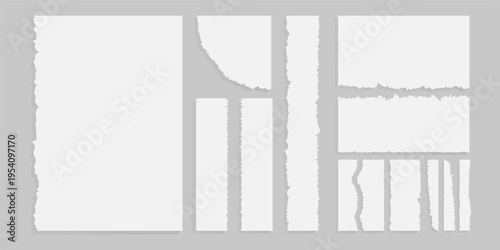 Realistic torn paper edges and ripped paper strips set, isolated paper tear effect collection, ripped sheet texture elements