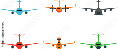 Colorful airplane front view icons set featuring commercial jets and turboprop aircraft flat vector collection for aviation travel transport design