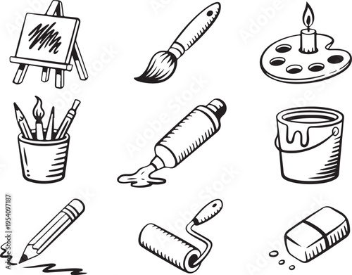 A comprehensive collection of black and white line icons representing various art and drawing supplies