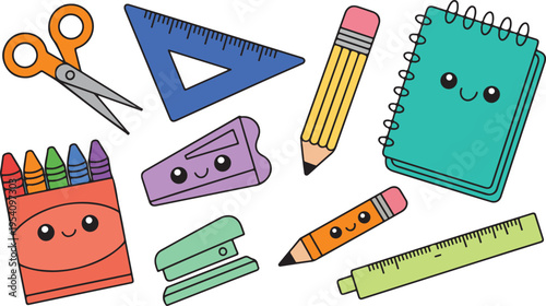 Cute cartoon school and art supplies featuring pencils, notebook, crayons, and sharpener with happy faces