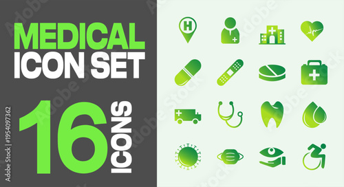 Green color gradient medical care and hospital icons isolated on gray background flat vector illustration.