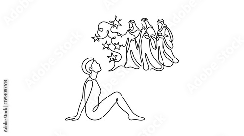 Person Looking at Stars Seeing Ancestors Continuous Single Line Minimalist Ancestral Connection Line Art Illustration