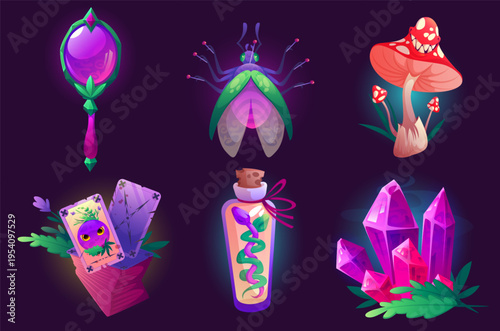 Witch magic items , cartoon wizard stuff icons set