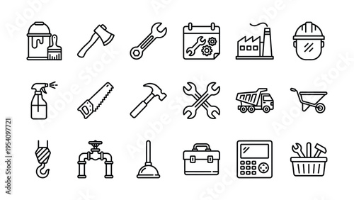 Doodle industry and construction icons: tools, machinery, and building symbols, hand drawn 16/9