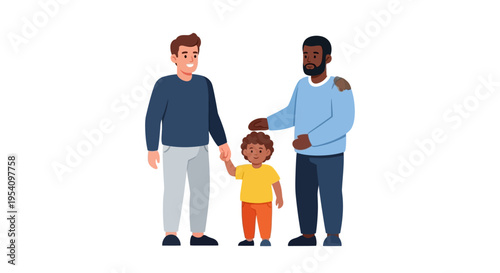 Happy Diverse Gay Fathers with Their Biracial Child. Modern Multiracial Same-Sex Family Illustration.