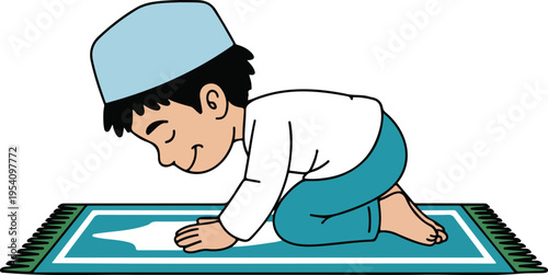 Cute Muslim boy character praying on a prayer mat in prostration position for Islamic education and religious celebration designs.