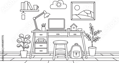 Simple line illustration shows a neat home office workspace with a laptop, lamp, books, and plants