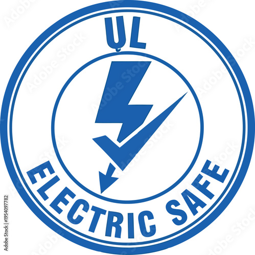Blue circular stamp with text ul electric safe and lightning bolt and checkmark symbol, signifying electrical safety and certification