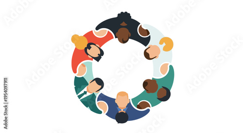 Diverse Team Collaboration Meeting Illustration - Global Business People United in a Circle, Discussing Strategy, Teamwork & Community