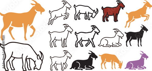 Goat vector icons set showing active and calm poses useful for farming themes branding and design projects