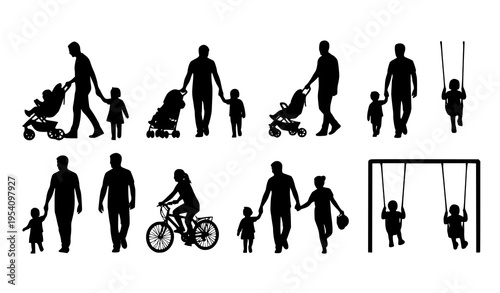 Parent and child activity silhouette set with strollers, bike teaching, swinging, and hand-holding vector