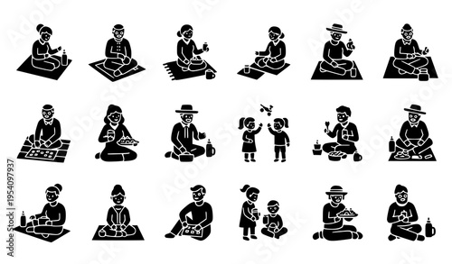 Family picnic icon pack with grandparents, parents, and kids enjoying outdoor games and relaxation in black silhouette vector