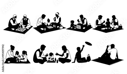 Family picnic silhouette set with grandparents, parents, and kids sitting, playing, and relaxing outdoors vector