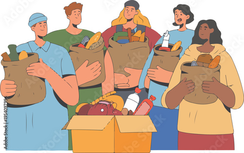 Diverse group of volunteers holding grocery bags and boxes of food for charity donation and community hunger relief.