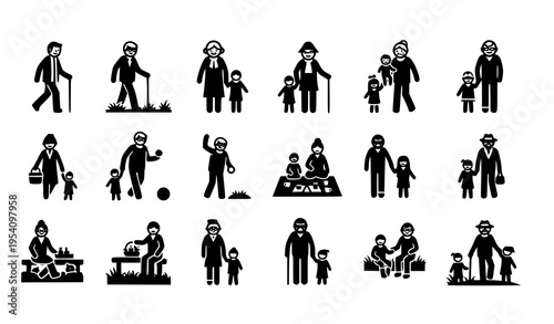 Family activity icon pack with grandparents, parents, and kids enjoying park, walking, playing, and picnics in black silhouette vector