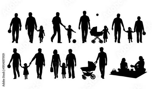 Family park activity silhouette set with grandparents, parents, and kids walking, playing, and picnicking vector