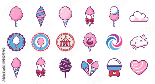 A collection of cotton candy illustrations in various forms, including cones, sticks, and a machine.
