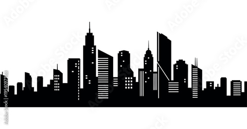 Black City Skyline Silhouette Vector Illustration: Minimalist Urban Panorama with Skyscrapers, High-Rise Buildings, and Towers, Modern Metropolis Cityscape Scene for Real Estate and Business Design.