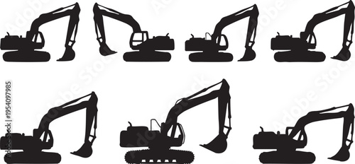 Eight yellow silhouette excavators in different positions construction heavy machinery equipment