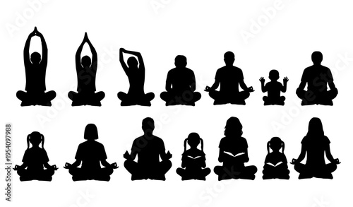 Family wellness and mindfulness silhouette set with stretching, meditating, reading, and nature activities vector