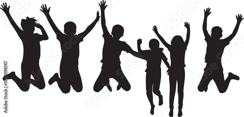 Five children jumping with arms raised in black silhouette against white background kids