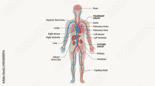 Illustration depicting the human circulatory system, including the heart, lungs, brain, liver, kidneys, and major veins and arteries.