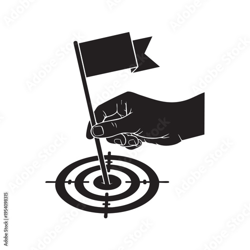 Black silhouette hand holding flag pole standing in center of target symbol depicting reaching goal success achievement accuracy bullseye