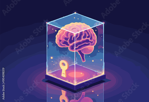 isometric 3D graphic abstract glowing brain inside glass box, golden keyhole front Mindset shift concept Corporate tech colors Blank space bottom