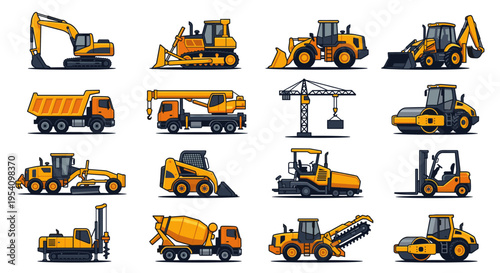Illustration showing various construction vehicles and machinery, including excavators, cranes, bulldozers, and mixers, arranged in rows.