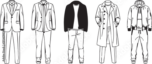 Five mens clothing silhouettes in various styles and outfits suits jackets pants