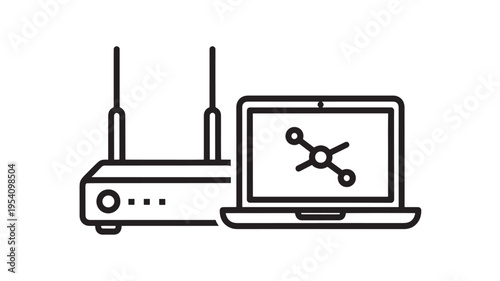 Router and laptop computer with wireless internet connection symbol on screen icon featuring networking, technology, wifi with online and digital