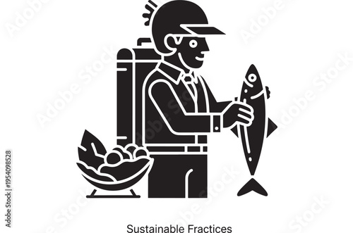 Man holding fish with backpack and fruit bowl nearby, representing sustainable practices. featuring eco friendly, green living, environmentally
